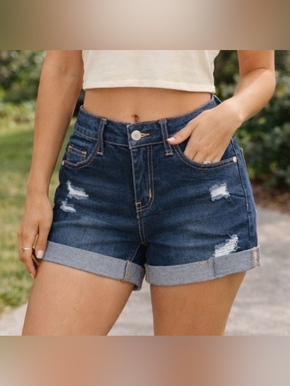 Judy Blue Dark Wash 5” Inseam Distressed Cuffed Denim Shorts, JB1529, Medium